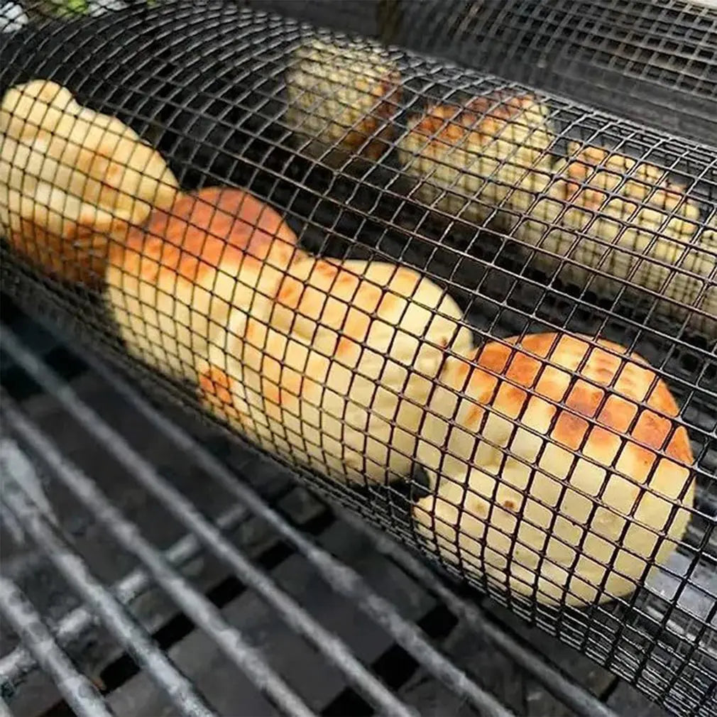 Barbecue Cages Barbecue Grill Grate Camping Picnic Cookware Outdoor Round BBQ Campfire Grill Grid Rolling Grill Basket