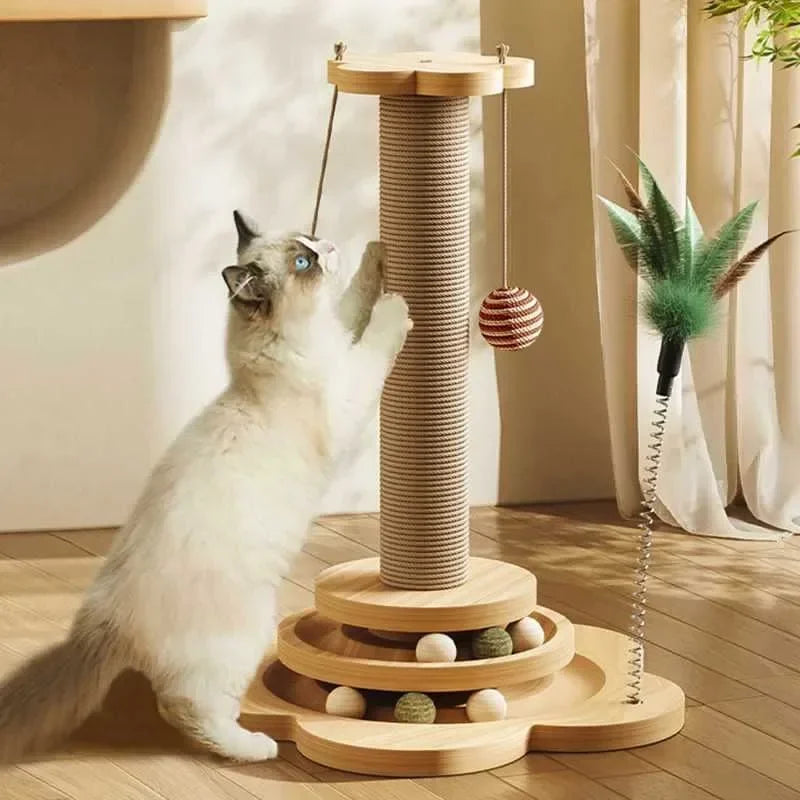 Pet Cat Toys Solid Wood Cat Climbing Frame Durable Sisal Scratching Board One-piece Cat Grab Column with Turntable Cat Toys