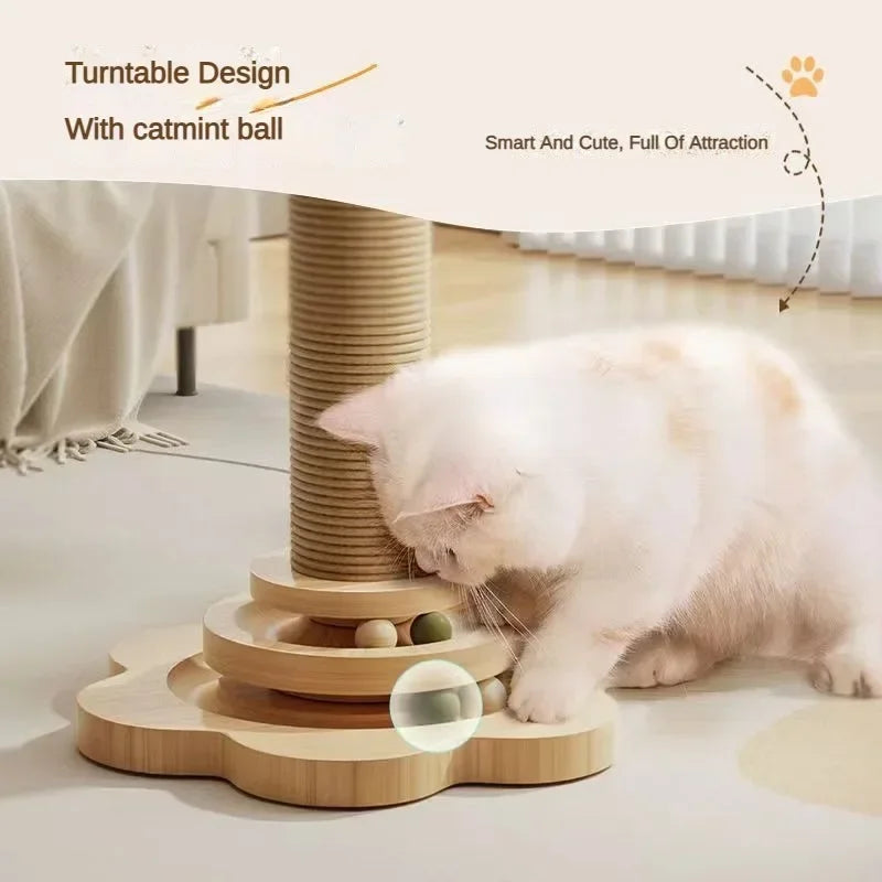 Pet Cat Toys Solid Wood Cat Climbing Frame Durable Sisal Scratching Board One-piece Cat Grab Column with Turntable Cat Toys