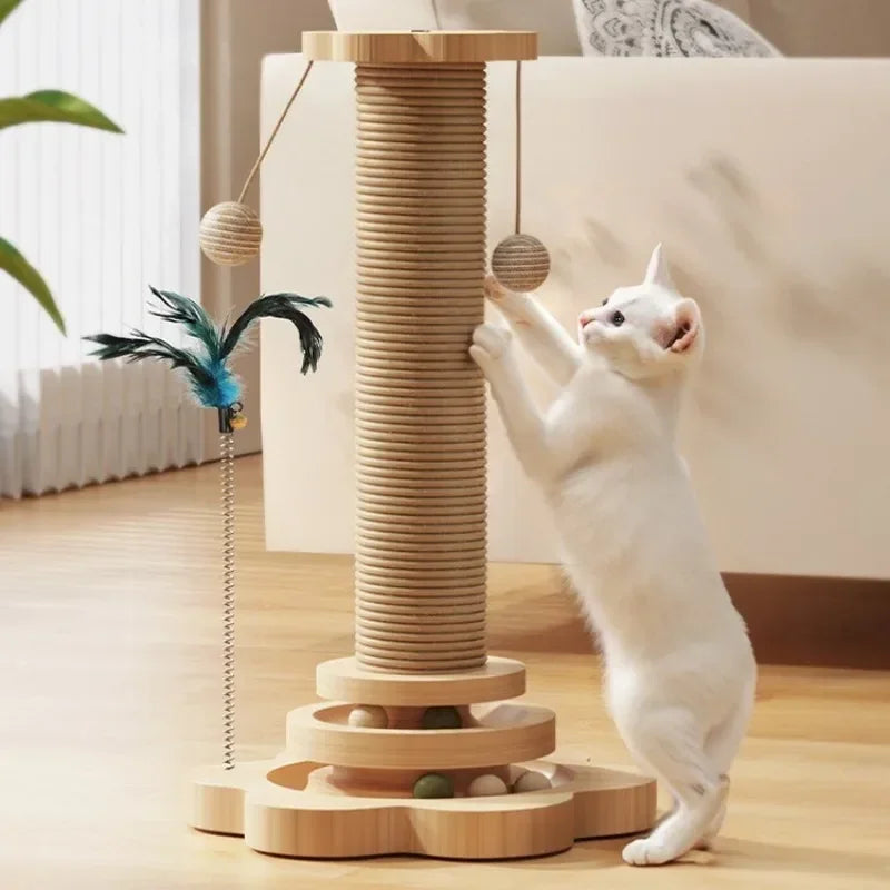 Pet Cat Toys Solid Wood Cat Climbing Frame Durable Sisal Scratching Board One-piece Cat Grab Column with Turntable Cat Toys