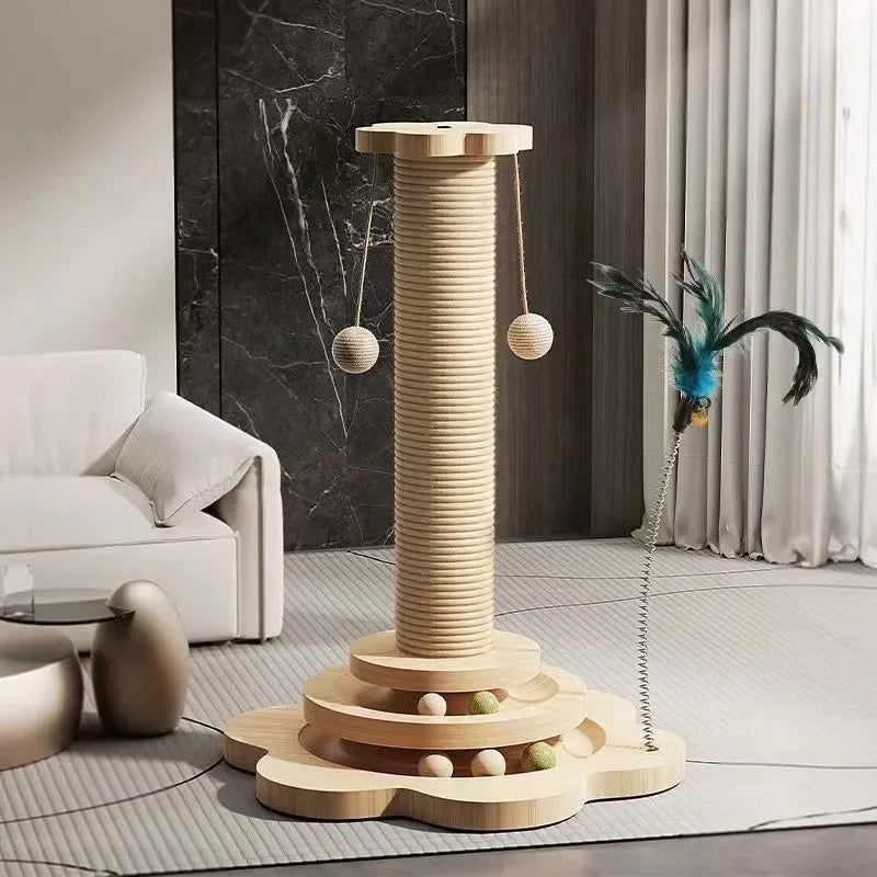 Pet Cat Toys Solid Wood Cat Climbing Frame Durable Sisal Scratching Board One-piece Cat Grab Column with Turntable Cat Toys