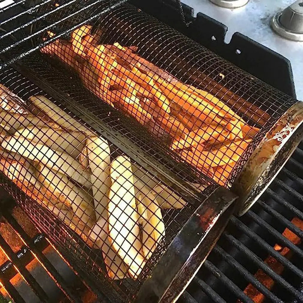 Barbecue Cages Barbecue Grill Grate Camping Picnic Cookware Outdoor Round BBQ Campfire Grill Grid Rolling Grill Basket