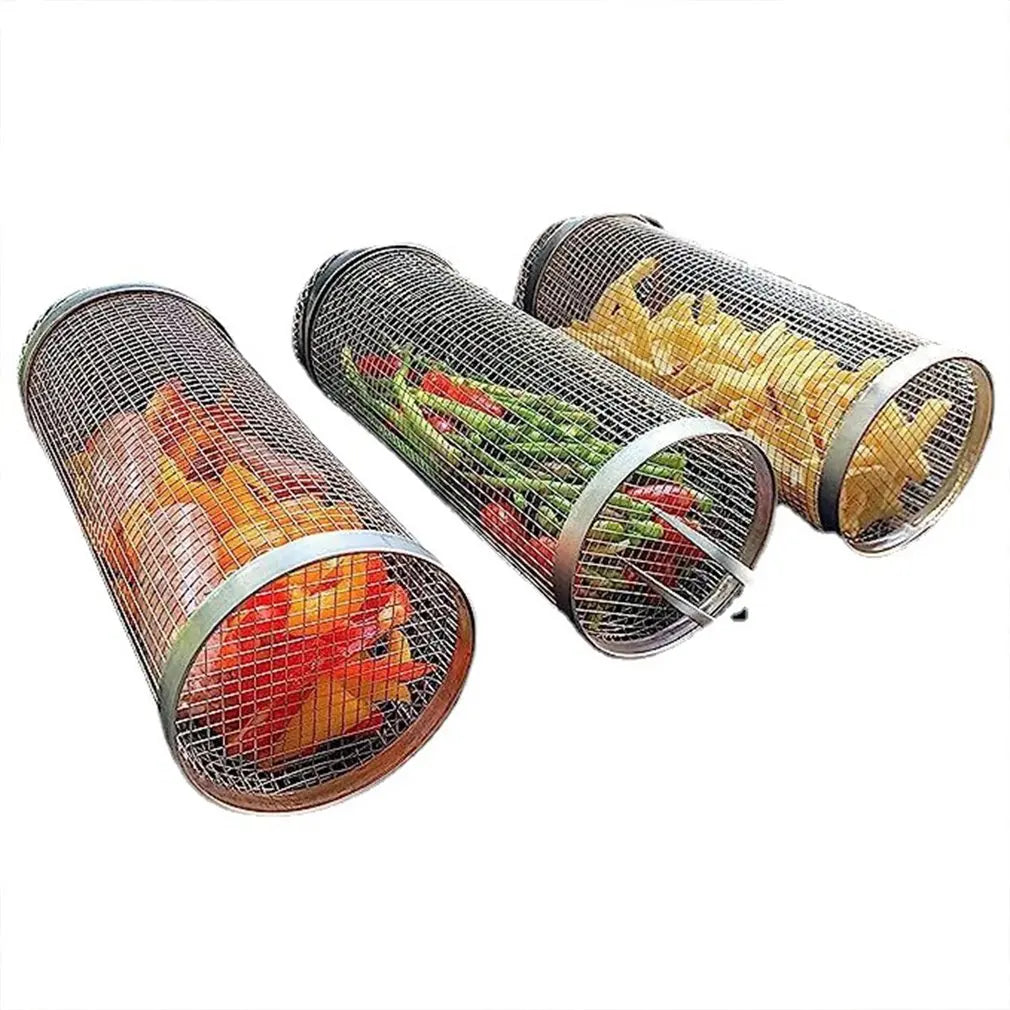 Barbecue Cages Barbecue Grill Grate Camping Picnic Cookware Outdoor Round BBQ Campfire Grill Grid Rolling Grill Basket